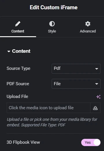 Custom iFrame settings panel in Elementor showing options to upload a PDF and enable 3D Flipbook View—demonstrating how to display interactive 3D flipbook PDF in Elementor for enhanced document presentation.