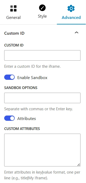 Advanced settings panel for Custom iFrame in WordPress Gutenberg showing options for custom ID, sandbox mode, and custom attributes—highlighting granular control for secure and flexible iframe embedding in Gutenberg editor.