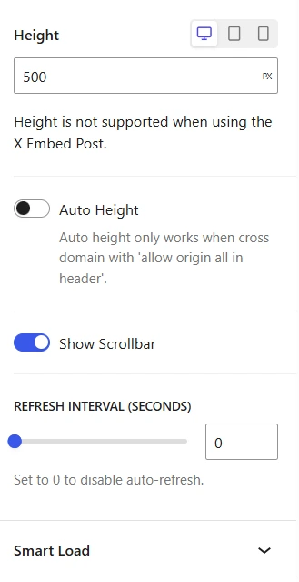 Custom iFrame display settings panel showing options for height, auto height toggle, scrollbar visibility, and refresh interval—illustrating how to optimize embedded content with lazy load and dynamic sizing in WordPress Gutenberg.