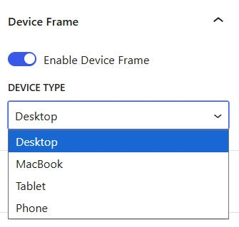 Custom iFrame settings in WordPress Gutenberg editor showing device frame options with toggle enabled and dropdown for Desktop, MacBook, Tablet, and Phone—demonstrating how to preview embedded content across devices using Gutenberg’s Custom iFrame block.