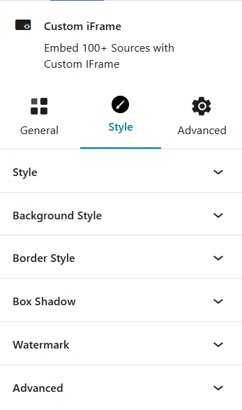 Custom iFrame plugin interface in WordPress Gutenberg editor showing Style tab with expandable sections for background, border, box shadow, watermark, and advanced styling—illustrating how to visually customize embedded content using Custom iFrame in Gutenberg.