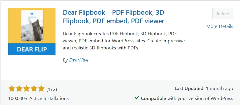 The image shows WordPress plugin listing for Dear Flipbook showing features like PDF embed, 3D flipbook viewer, and 100,000+ active installs—highlighting a leading solution to embed 3D flipbook PDF in Elementor.