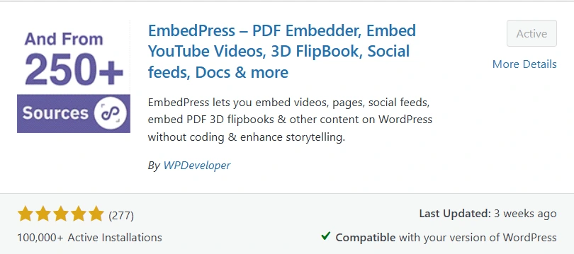 The image shows WordPress plugin listing for EmbedPress by WPDeveloper showing features like PDF embed, YouTube videos, 3D FlipBook, and social feeds—highlighting a versatile tool to embed Google Calendar, PDFs, and multimedia content in Elementor.