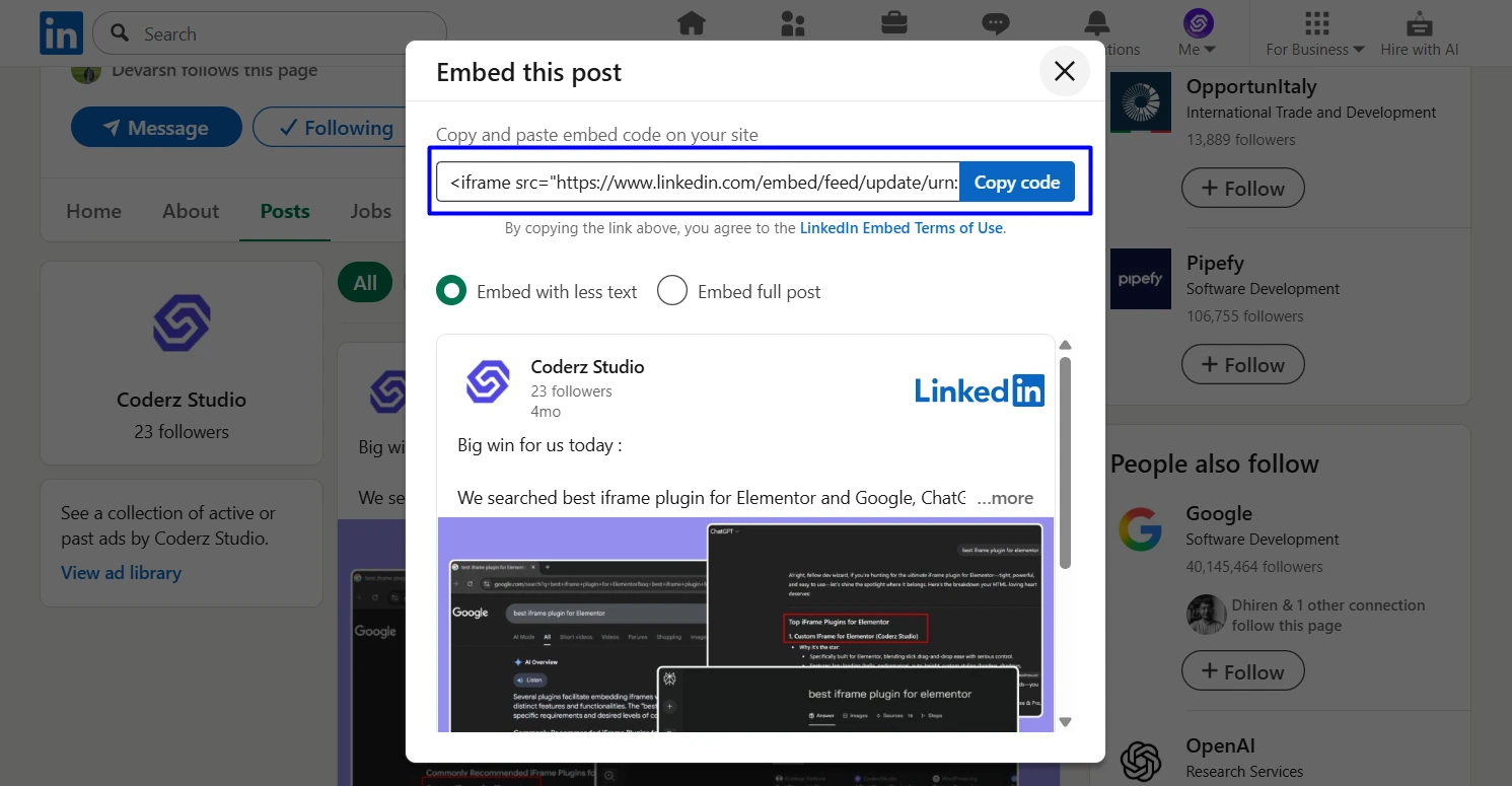 LinkedIn embed iFrame interface showing Coderz Studio post with copyable embed code and display options—demonstrating how to embed LinkedIn post in Elementor using iFrame for social proof and plugin promotion.
