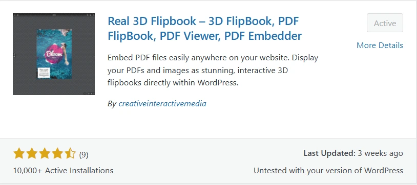 The Image shows WordPress plugin listing for Real 3D Flipbook showing its features like PDF embed, interactive 3D flipbook display, and active installation stats—highlighting a popular solution to create 3D flipbook PDF in Elementor.