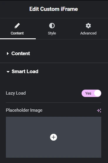 Elementor custom iFrame settings panel showing Smart Load options with Lazy Load enabled and placeholder image upload—demonstrating how to implement lazy load iframe in Elementor for optimized page performance.