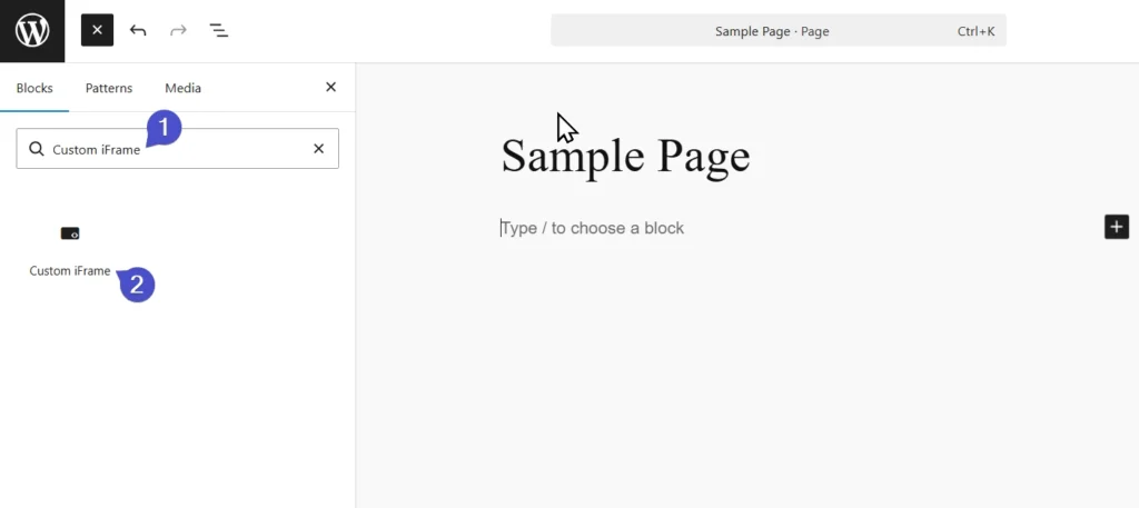 WordPress Gutenberg editor showing block search for “Custom iFrame” and insertion prompt on a sample page—demonstrating how to add Custom iFrame in Gutenberg for embedding external content with advanced styling and controls.