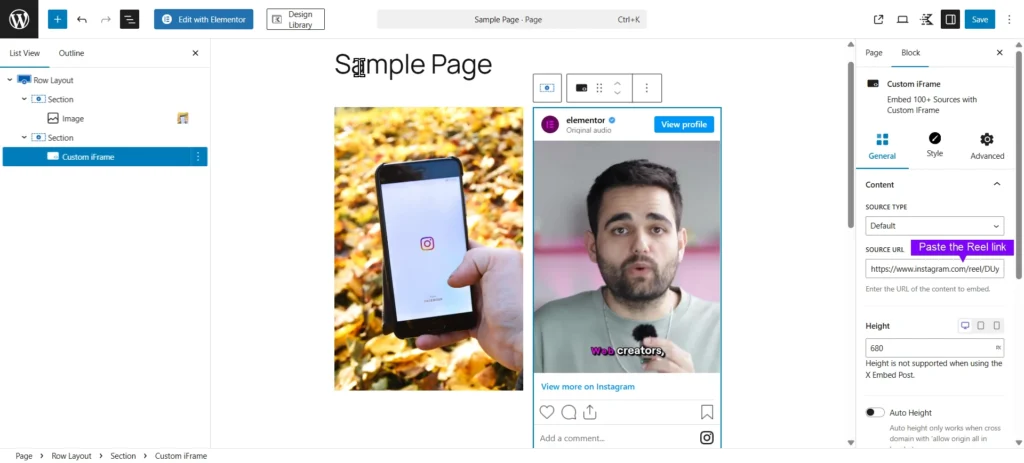 Screenshot showing how to embed Instagram Reel in WordPress, with a Gutenberg page editor open, a Custom iFrame block selected, and an Instagram Reel URL pasted into the Source URL field on the right panel settings.